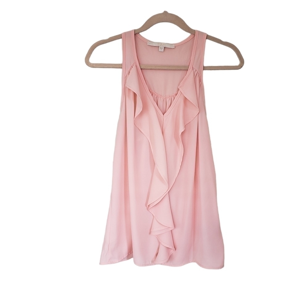 Guess Sleeveless Ruffle Front Racerback Blouse Blush Pink - Picture 2 of 7
